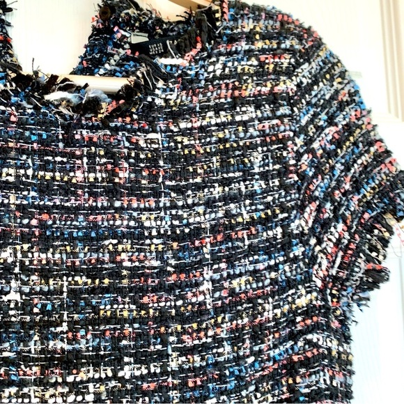 Tweed Black White Peplum Babydoll Short Sleeves Mixed Media Top Blouse - Picture 4 of 5